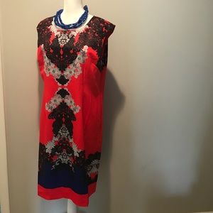 Suzanne Betro Sheath Dress. Red, Black and Blue.